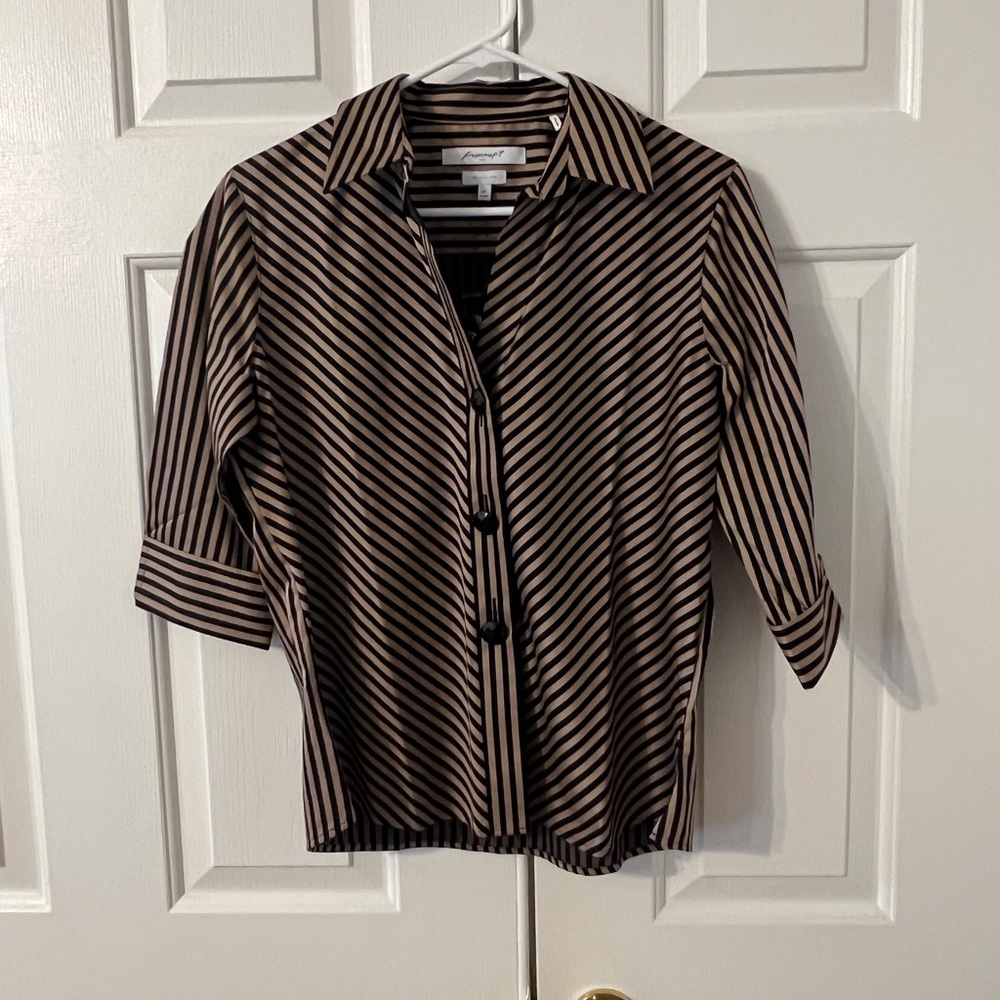 Foxcroft NYC Wrinkle-Free Black & Bronze Striped Button Down Shirt